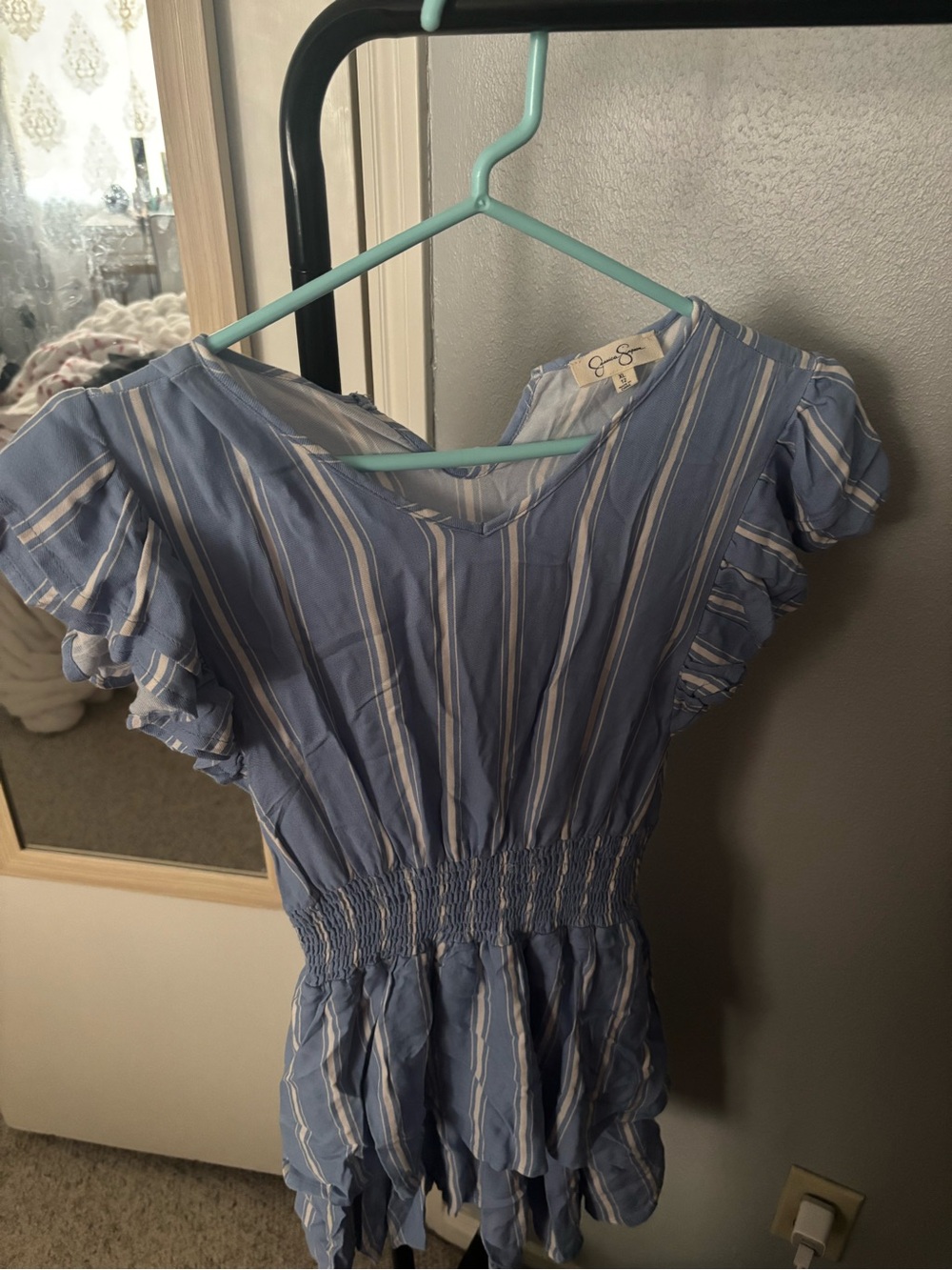 Jessica Simpson Light Blue & White Striped Smocked Mini Dress